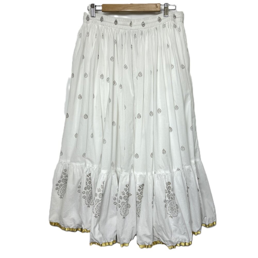 For the Republic White Gold Paisley 100% Cotton Gathered Midi Skirt sz XL - Picture 5 of 12